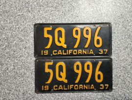 1937 California License Plates, DMV Clear, EX