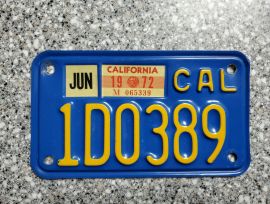 1972 California Motorcycle License Plate, DMV  