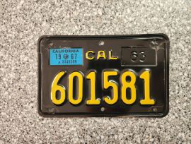 1967 California Motorcycle License Plate, DMV    