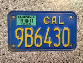 1971 California Motorcycle License Plate, DMV  