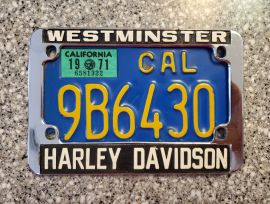 1971 California Motorcycle License Plate, DMV  
