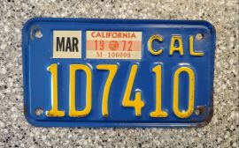1972 California Motorcycle License Plate, EX