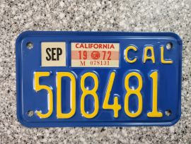 1972 California Motorcycle License Plate, DMV Clr