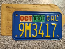 1978 California Motorcycle License Plate, DMV Clr